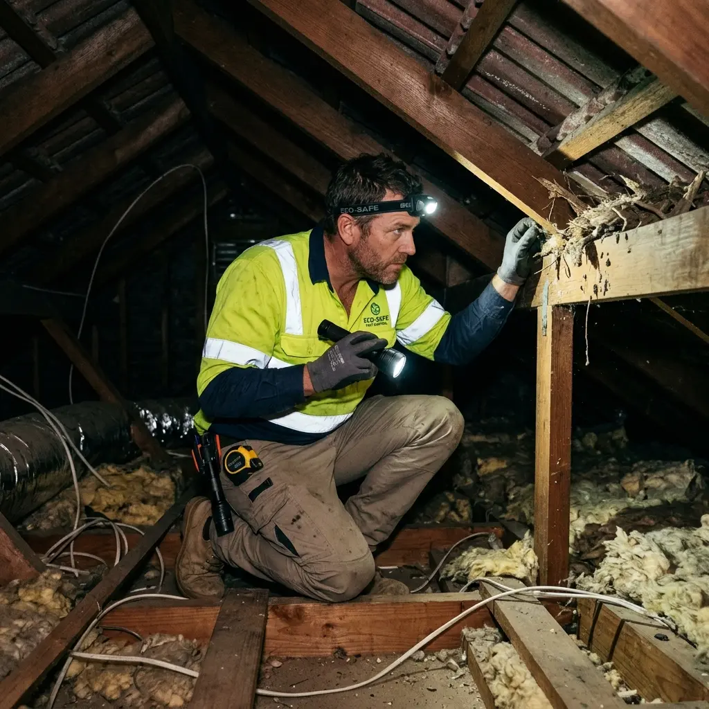 Technician inspecting a Viewbank roof cavity for a dead possum